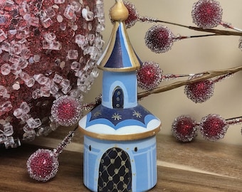 Hand-Painted Russian Castle Ornament, Blue Gold Folk Art Christmas Decor