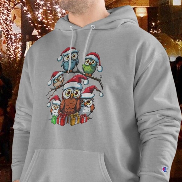 Champion Sweatshirt Unisex Christmas Owl Hoodie - Holiday Owl Hooded Sweatshirt | Shop Now!