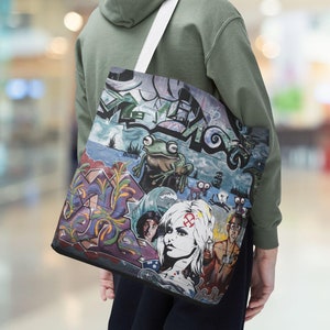 Graffiti Canvas Tote Bag, Urban Style Handbag, Hip Hop Shoulder Bag, Colorful Graffiti Purse, Funky Graffiti Beach Bag