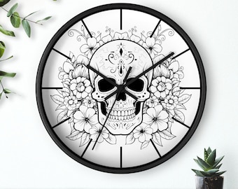 Floral Skull Wall Clock: Silent Analog Dark Decor