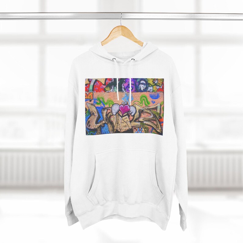 Male Wearing Heather Gray Champion Hooded Sweatshirt Graffiti Love Graphic Hoodie - Vibrant Streetwear Fashion Graffiti Love Graphic - Hooded Sweatshirt Fashion Graffiti Love Graphic Hoodie Urban Street Style Graffiti Love Graphic Hoodie