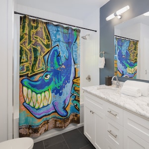 Graffiti Shark Shower Curtain: Urban Ocean Bath Decor