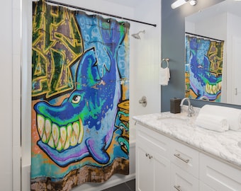 Graffiti Shark Shower Curtain: Urban Ocean Bath Decor