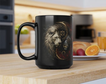 Yin Yang Lion Coffee Mug: Celestial Design, 15oz Ceramic