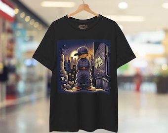 May include: Black t-shirt featuring a cartoon illustration of a child in a blue outfit and a cap, standing in a city alley. The artwork has a nighttime urban theme with buildings and graffiti. The child is wearing red shoes.