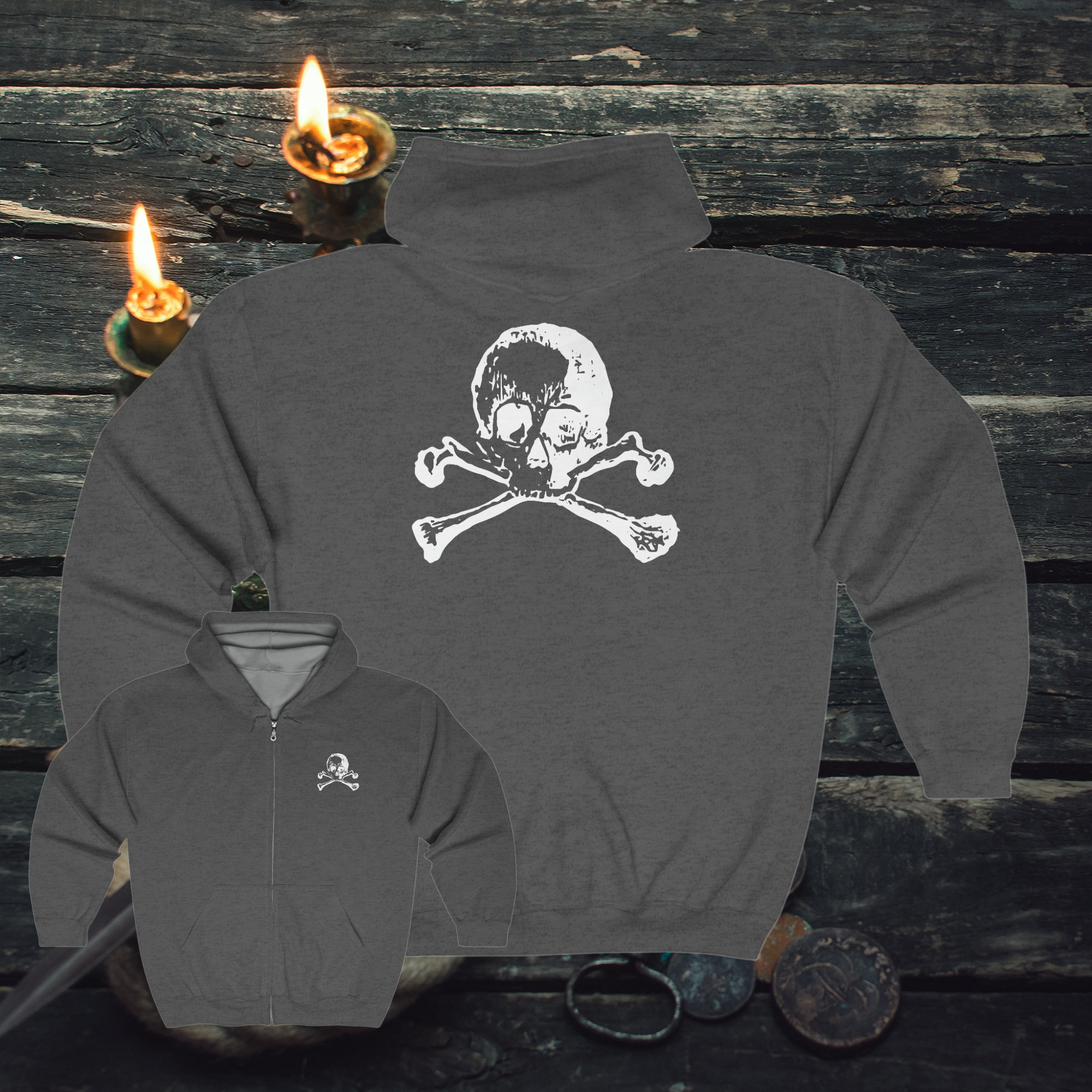 Skull & Crossbones Graphic Zip Hoodie - Jolly Roger Heavy Blend