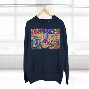 Male Wearing Navy Blue Champion Hooded Sweatshirt Graffiti Love Graphic Hoodie - Vibrant Streetwear Fashion Graffiti Love Graphic - Hooded Sweatshirt Fashion Graffiti Love Graphic Hoodie Urban Street Style Graffiti Love Graphic Hoodie