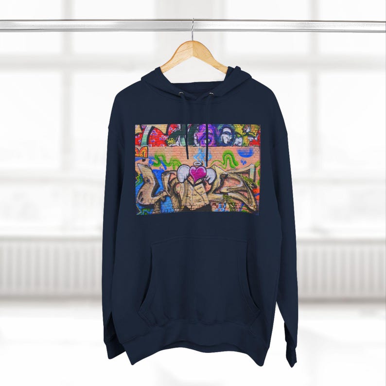 Male Wearing Navy Blue Champion Hooded Sweatshirt Graffiti Love Graphic Hoodie - Vibrant Streetwear Fashion Graffiti Love Graphic - Hooded Sweatshirt Fashion Graffiti Love Graphic Hoodie Urban Street Style Graffiti Love Graphic Hoodie