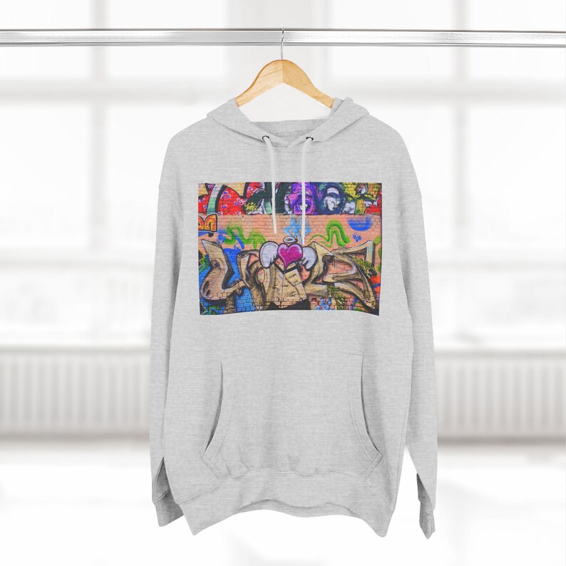 Male Wearing Dark Heather Gray Champion Hooded Sweatshirt Graffiti Love Graphic Hoodie - Vibrant Streetwear Fashion Graffiti Love Graphic - Hooded Sweatshirt Fashion Graffiti Love Graphic Hoodie Urban Street Style Graffiti Love Graphic Hoodie
