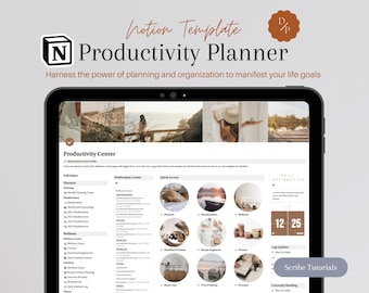 Puede incluir: Una captura de pantalla de una plantilla de planificador de productividad de Notion en una tableta. La plantilla está diseñada para ayudar a los usuarios a organizar sus tareas diarias, objetivos y rutinas. La plantilla incluye secciones para afirmaciones diarias, acceso rápido a diferentes áreas del planificador y un centro de productividad.