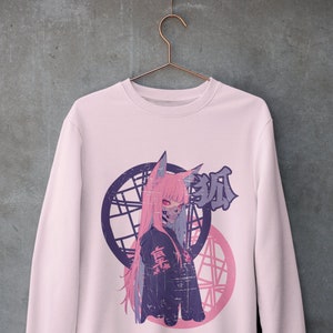 Pink Kitsune Fox Girl Sweatshirt in Pastel Goth Clothing and Grunge Dark Anime Style, Loose Fit, Urban Streetwear, Japanese Manga Apparel