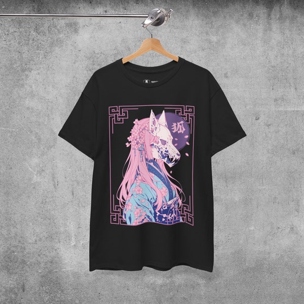 Pink Kitsune Fox Girl Comfy T-Shirt in Pastel Goth Clothing and Grunge Dark Anime Style, Loose Fit, Urban Streetwear, Japanese Manga Apparel