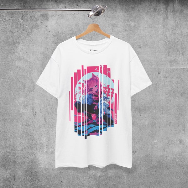 Pink Neko Cat Girl Comfy T-Shirt with Pastel Colors and in Grunge Anime Style, Loose Fit, Urban Streetwear, Japanese Manga Apparel Tee