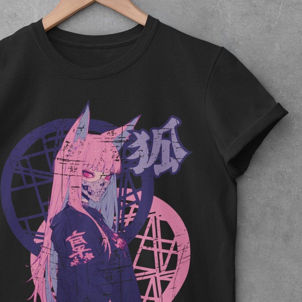 Pink Kitsune Fox Girl T-Shirt in Pastel Goth Clothing and Grunge Dark Anime Style, Premium Tee, Urban Streetwear, Japanese Manga Apparel