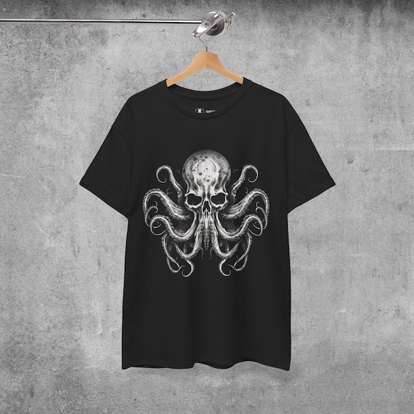 Death Metal Octopus Comfy T-Shirt in Soft Grunge Style with Spooky Creepy Skull, Alternative Clothing, Edgy Apparel, Monster Cthulhu Tee
