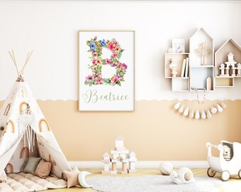 Personalised Floral Themed Initial Print, Baby initial print, personalised name print, child’s bedroom print, kids wall art, baby keepsake