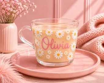 Personalised Daisy Glass Mug | Custom Name Floral Glass Cup | Cute Aesthetic Coffee Mug | Personalised Tea Cup | Gift for Her | Daisy Flower