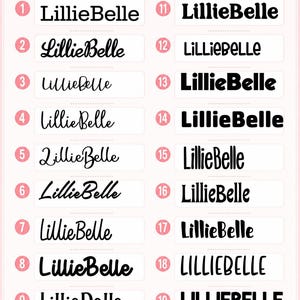 May include: A light pink chart displaying twenty distinct font options for the name LillieBelle, each numbered and presented in a unique typeface style. The header reads Font Choice and Please Choose Your Font, with a footer stating Can't Decide? Message Me - I'm Happy To Help!