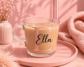Personalised Initial & Name Glass Mug | Custom Letter Cup | Pink Aesthetic Coffee Mug | Minimalist Name Mug | Girly Gift Idea