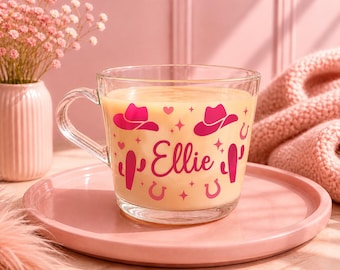 Personalised Cowgirl Glass Mug | Custom Name Western Cup | Choose Font & Colours | Cowboy Hat Cactus Mug | Gift for Her