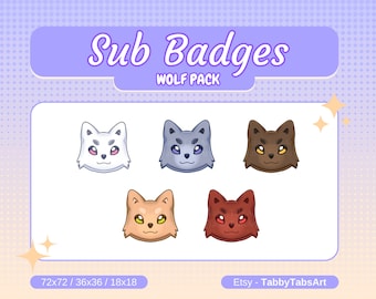 5 Cute wolf/dog sub badges/bits pack | Twitch | Discord | Youtube | Stream