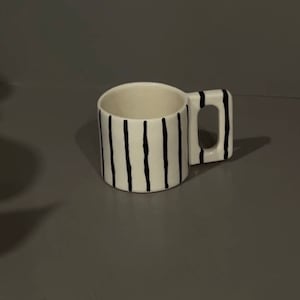 Modern Aesthetic Handmade Coffee Latte Ceramic Mug in Stripes Zebra Design, Unique Handle Minimalist Pottery Cup, 30th Birthday Gift for Her