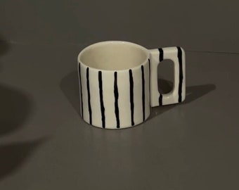 Modern Aesthetic Handmade Coffee Latte Ceramic Mug in Stripes Zebra Design, Unique Handle Minimalist Pottery Cup, 30th Birthday Gift for Her