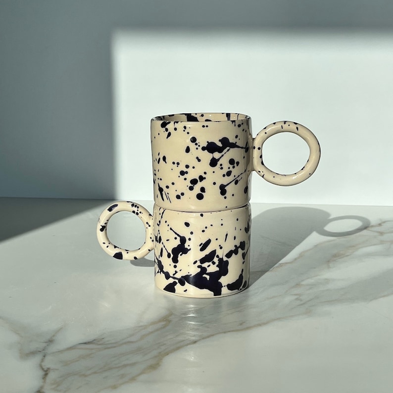 Artistic Handmade Coffee Latte Ceramic Mug with Speckled Splash Cobalt Blue Design and Unique Handle, Artsy Pottery Cup for Homewarming Gift image 1