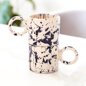 Artistic Handmade Coffee Latte Ceramic Mug with Speckled Splash Cobalt Blue Design and Unique Handle, Artsy Pottery Cup for Homewarming Gift image 4