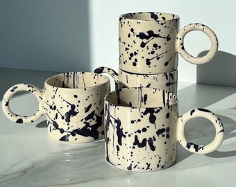 Artistic Handmade Coffee Latte Ceramic Mug with Speckled Splash Cobalt Blue Design and Unique Handle, Artsy Pottery Cup for Homewarming Gift