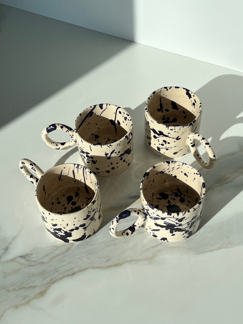 Artistic Handmade Coffee Latte Ceramic Mug with Speckled Splash Cobalt Blue Design and Unique Handle, Artsy Pottery Cup for Homewarming Gift image 8