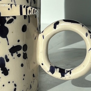 Artistic Handmade Coffee Latte Ceramic Mug with Speckled Splash Cobalt Blue Design and Unique Handle, Artsy Pottery Cup for Homewarming Gift image 3