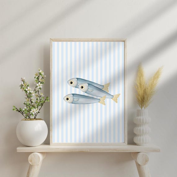 Coastal Sardine Wall Art | Nautical Fish Poster | Digital Download | Blue Kitchen Decor | Scandinavian Sea Print | Beach House Art