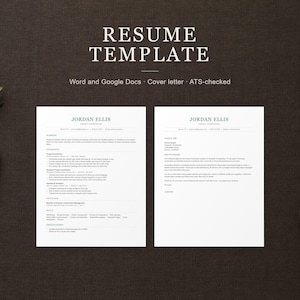 Pode incluir: Um conjunto de modelos de currículo com o texto RESUME TEMPLATE, Word and Google Docs, Cover letter, ATS-checked. O layout inclui um documento de duas páginas com o nome Jordan Ellis, experiência profissional e uma carta de apresentação.