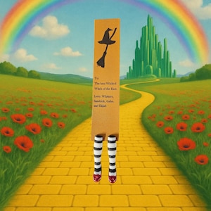 May include: A yellow bookmark with a black silhouette of the Wicked Witch of the East flying on a broomstick. The bookmark is hanging from a yellow brick road with a green Emerald City in the background. The text on the bookmark reads "To: The best Wicked Witch of the East. Love: Whitney, Sandrick, Gabe, and Elijah."