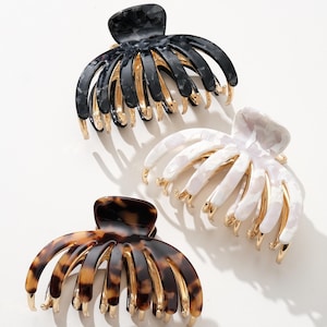 Può includere: Tre fermagli per capelli a forma di artiglio nei colori nero, bianco e tartarugato. Ogni fermaglio ha dettagli dorati sulle punte degli artigli. I fermagli sono disposti su una superficie bianca.