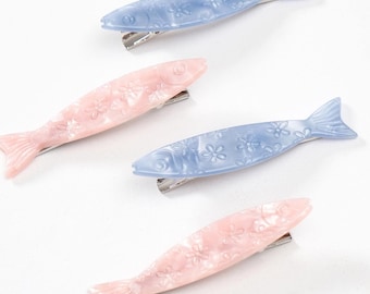 Coastal Blue Saltwater Floral Sardine Fish Barrette Hair Clip - Small