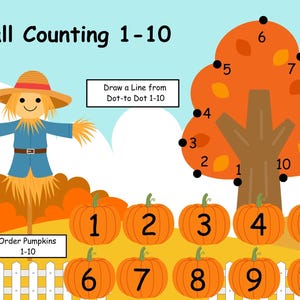 May include: An educational worksheet with a fall theme, titled "Fall Counting 1-10". It includes a scarecrow, an orange tree with numbered dots, and pumpkins numbered 1 to 10. Instructions are provided to "Draw a Line from Dot-to Dot 1-10" and "Order Pumpkins 1-10".