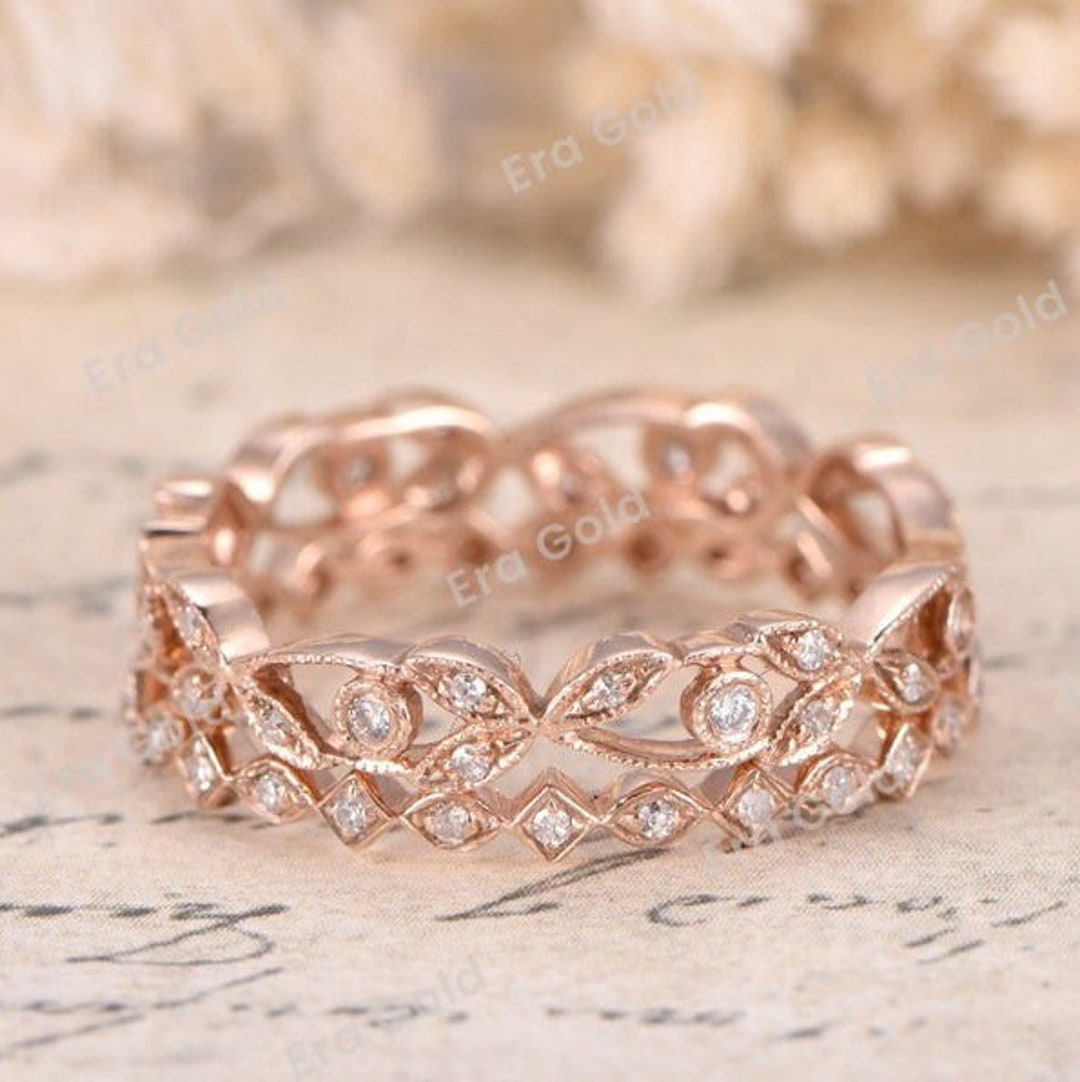 14k Rose Gold Vintage Art Deco Wedding Band Round Moissanite - Etsy