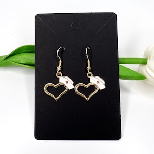 Handmade nurse hat heart enamel charm earrings gold hooks costume jewelry