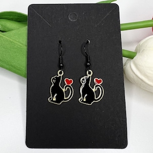 Handmade black cat heart enamel charm earrings black hooks costume jewelry