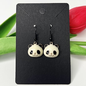 Handmade giant Panda bear enamel charm earrings black hooks costume jewelry