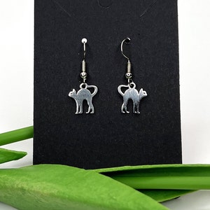 Handmade cat pet charm hook earrings silver costume jewelry