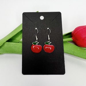 Handmade Red apple Teacher school enamel charm earrings silver hooks costume jewelry