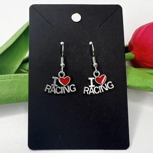 Handmade I Love racing F1 enamel charm earrings silver hooks costume jewelry