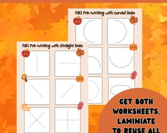 May include: Two fall-themed worksheets for pre-writing stroke practice. One worksheet features straight lines, while the other has curved lines. The worksheets are decorated with apples, pumpkins, and leaves. The text says, "Get both worksheets, laminate to reuse all season."