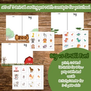 May include: Educational preschool activity set with animal sorting concepts. Includes cards with zoo, farm, and dinosaur themes. The text reads "Big vs Small Fun!" and "set of 3 animal sorting pre math concepts for preschool".