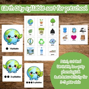 Pode incluir: Atividade educativa com o tema do Dia da Terra para crianças em idade pré-escolar. Inclui cartões com gráficos da Terra, imagens ambientais e solicitações de classificação de sílabas. O texto diz "Earth Day syllable sort for preschool" e "Print, cut and laminate, low prep".