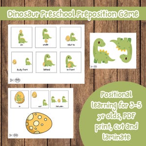 May include: A preschool educational game with dinosaur illustrations. The game includes cards with dinosaurs and eggs, demonstrating prepositions like "on," "under," and "next to." The text reads "Dinosaur Preschool Preposition Game."