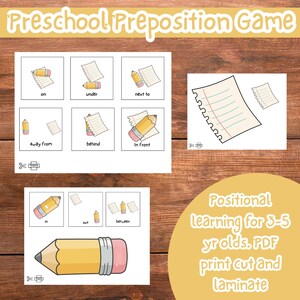 May include: A preschool preposition game with illustrations of pencils and paper, demonstrating prepositions like "on," "under," and "next to." The game is designed for children aged 3-5 and includes instructions for printing, cutting, and laminating.